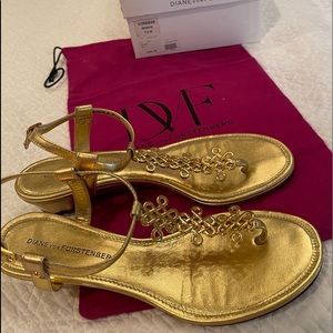 Diane von Furstenberg Gold Wedge Sandals, 71/2 M